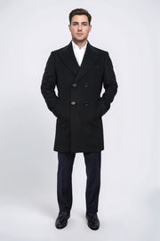 kruvaze sivri yaka yün ve kaşmir karışımlı siyah kaban